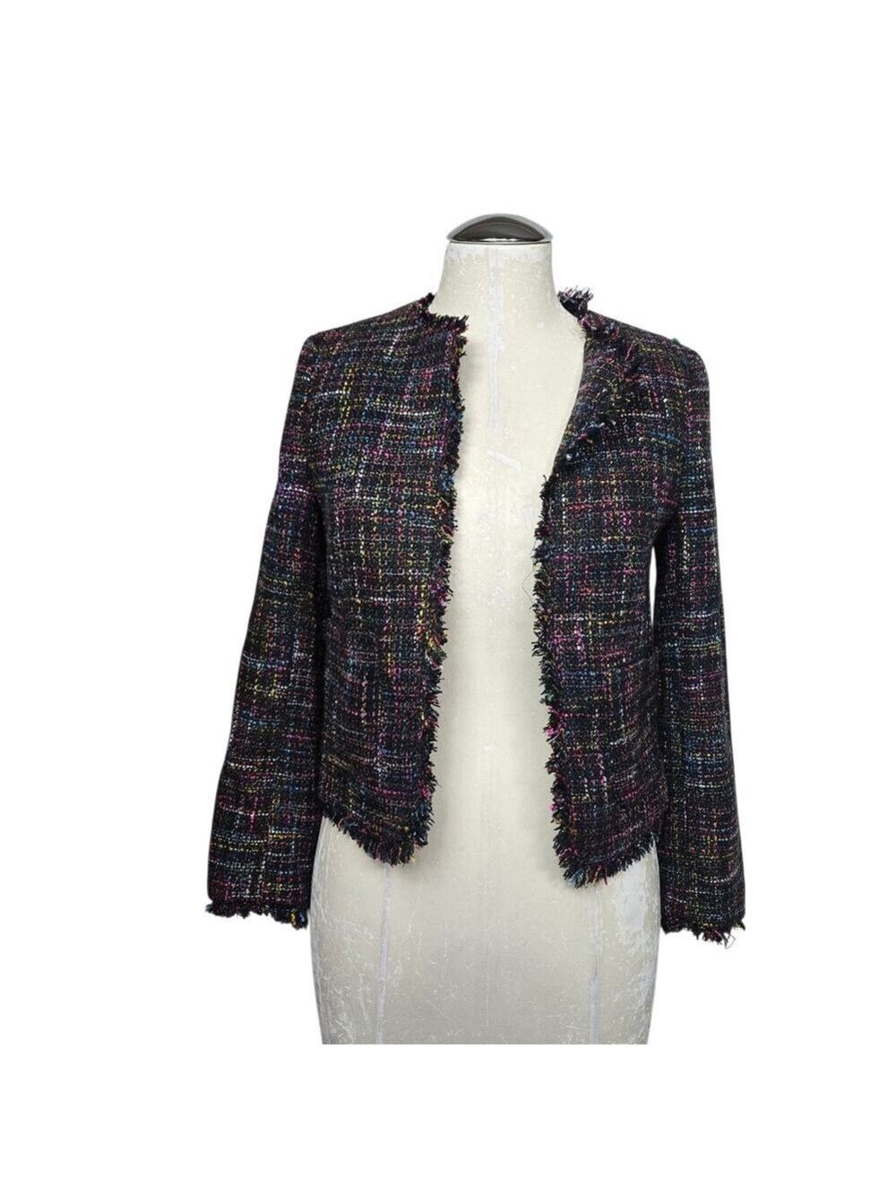 H&M Tweed Black Multi Colored Fringe Open Jacket 2